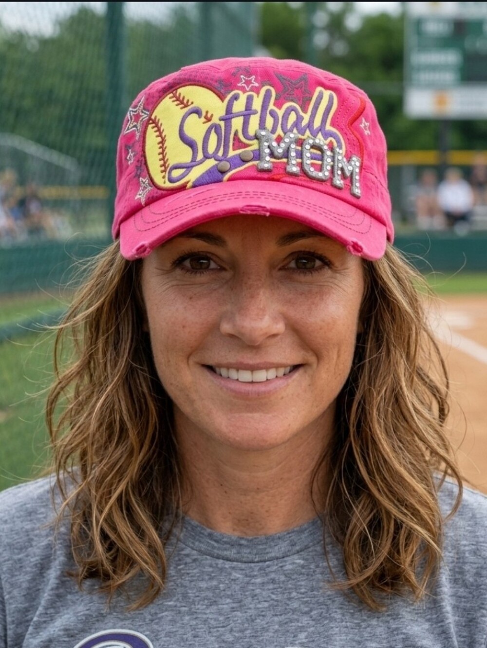 🛍Pink distressed/embellished softball mom cadet style hat